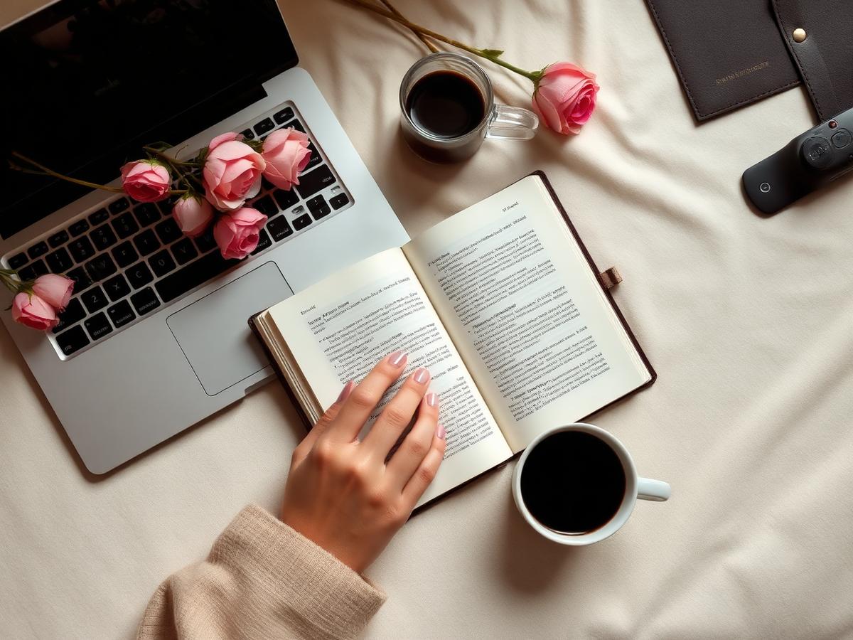 Journal, pen and coffee on a linen desk