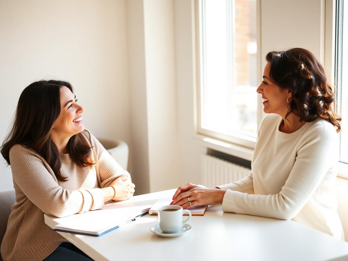 Two women in a warm one-on-one coaching conversation