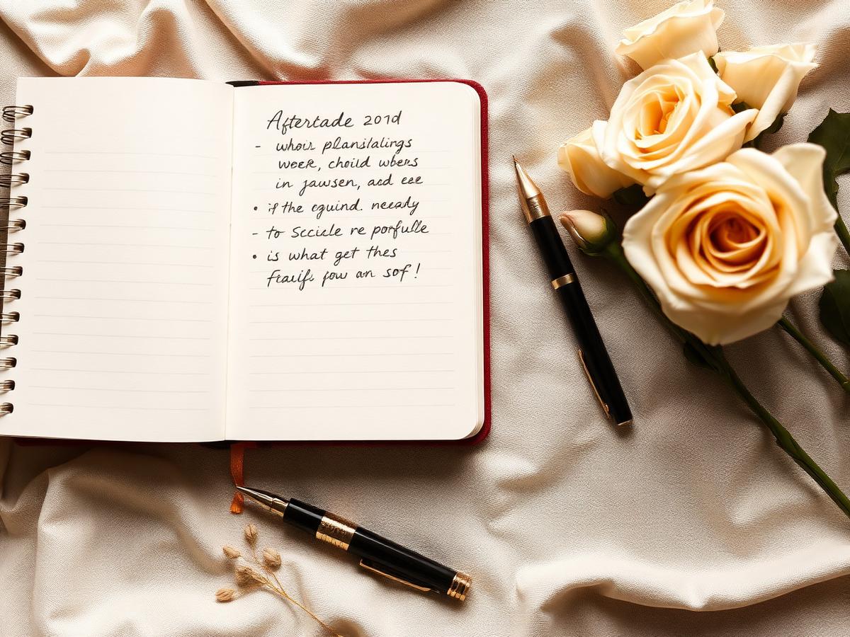 Notebook, pen, and roses on a linen cloth for event planning