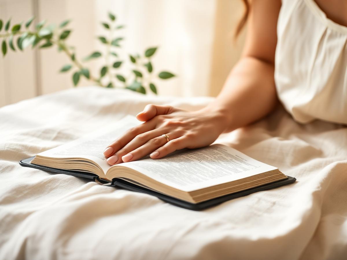 Hands resting on an open Bible in soft morning light