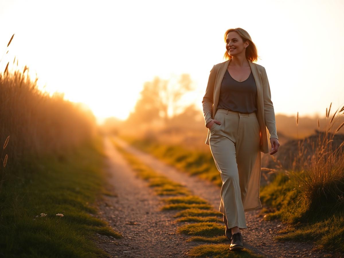 Woman walking outdoors at golden hour feeling strong and free