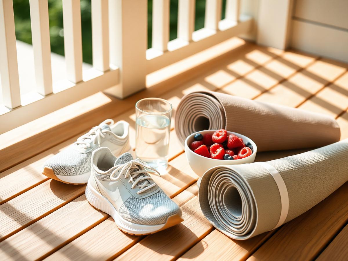 Running shoes, a yoga mat, water, and fresh fruit on a sunlit porch