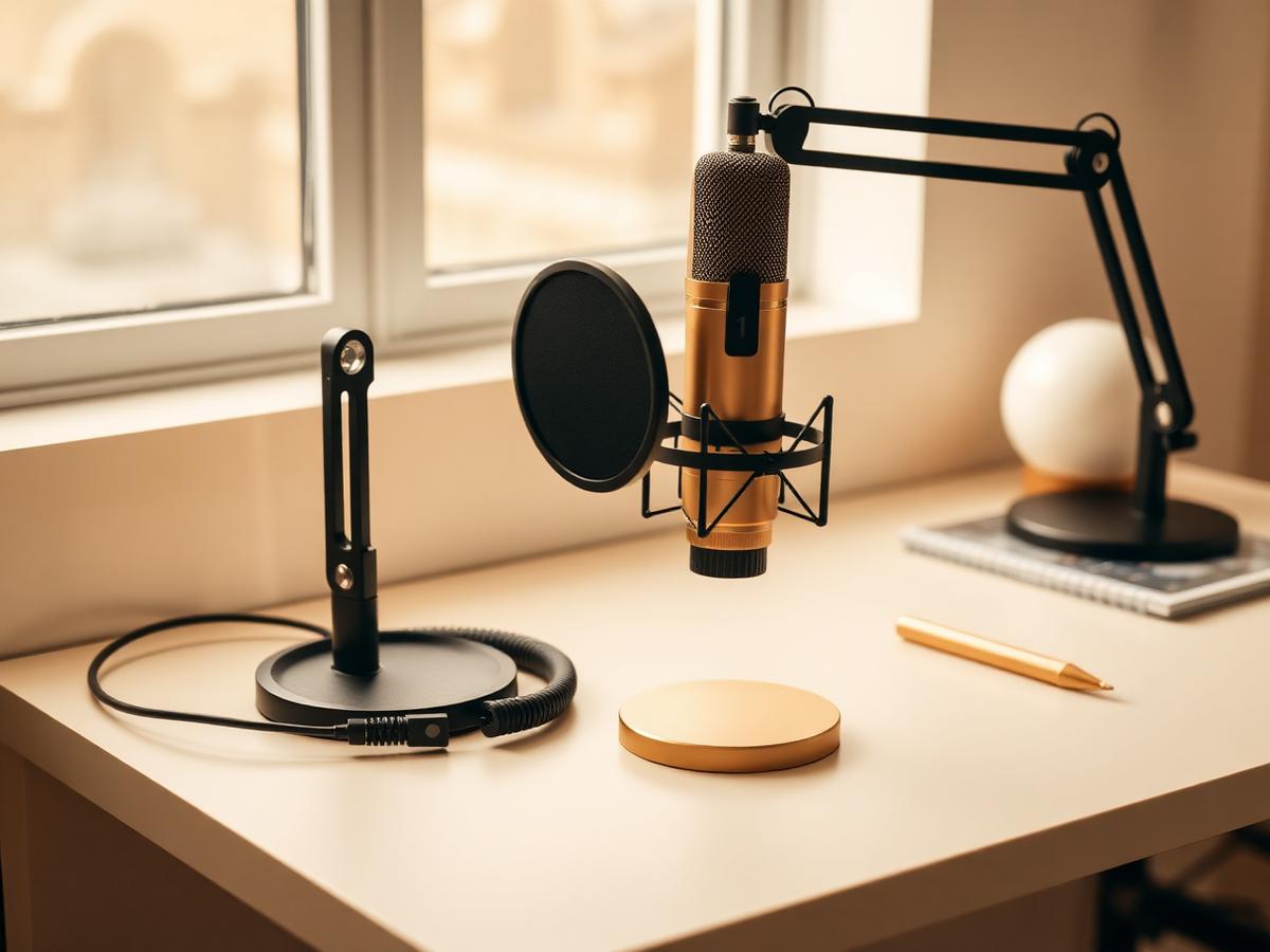 Podcast microphone and headphones in a warm studio
