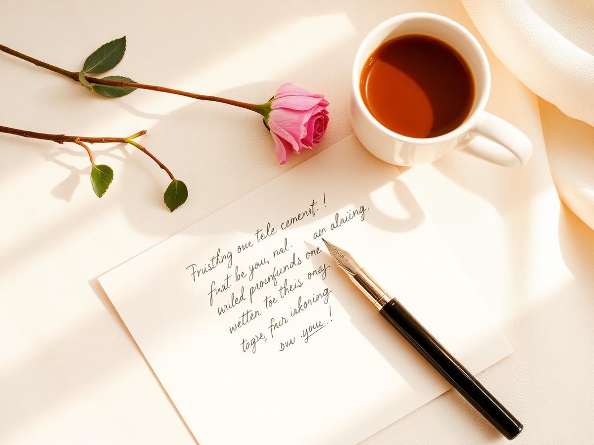 A handwritten note with a rose and coffee in morning light