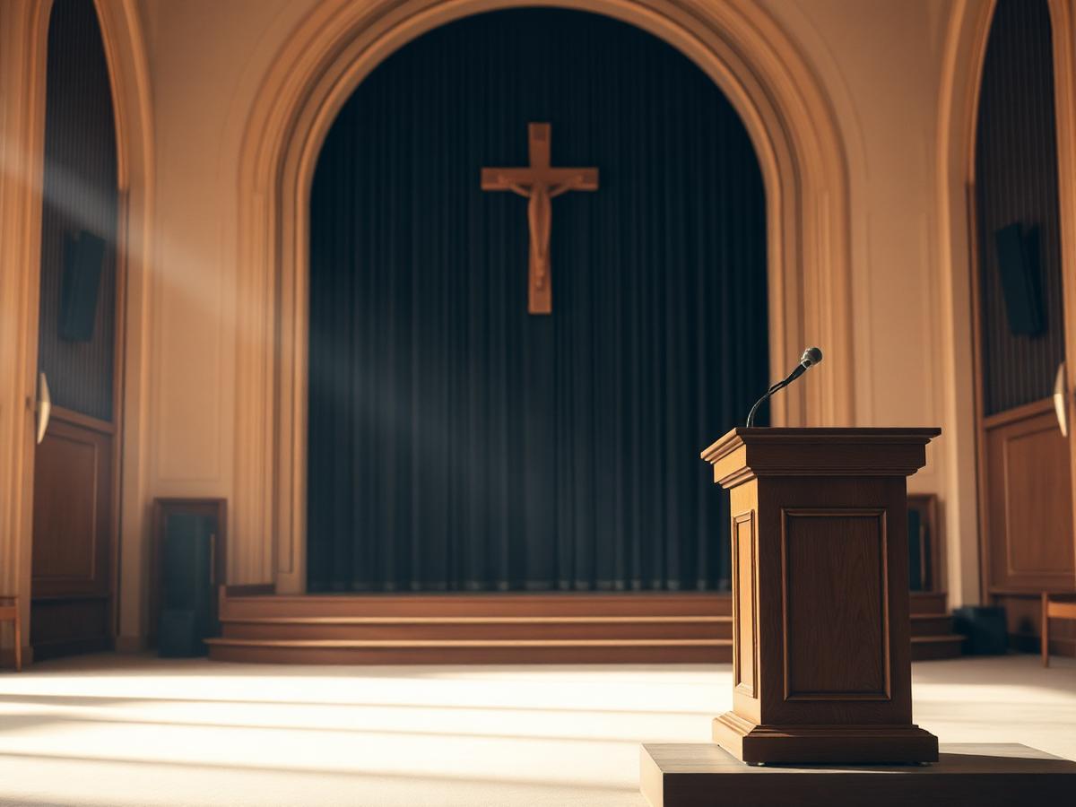A wooden podium with a microphone in a sunlit sanctuary
