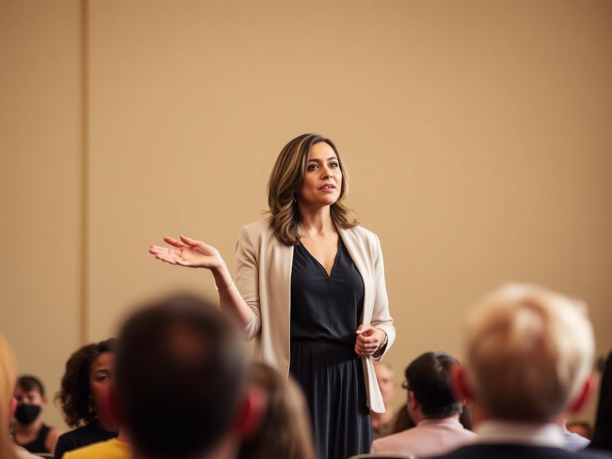 Angie speaking to a room of women at a conference