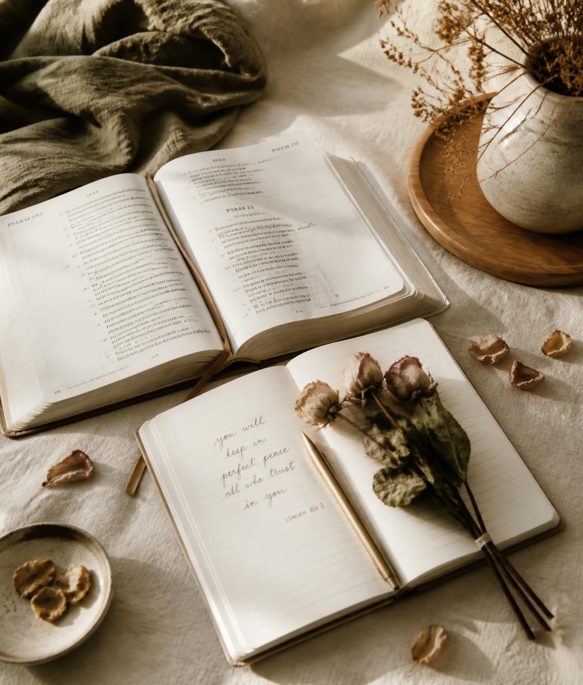 Open Bible and journal with dried roses on linen